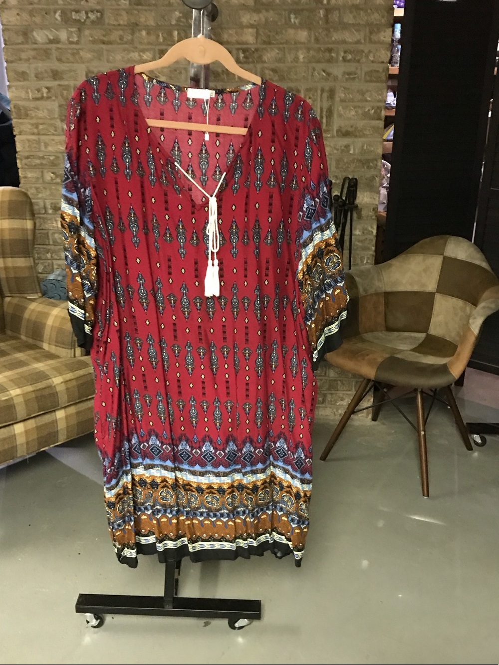 Red Boho Midi Dress with Tassel Tie